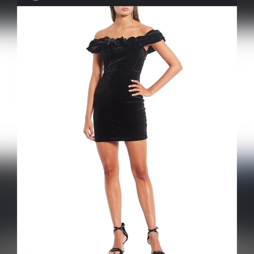Black Velvet Honey and Rosie Rosette Off the Shoulder Festive Boho Mini Dress M